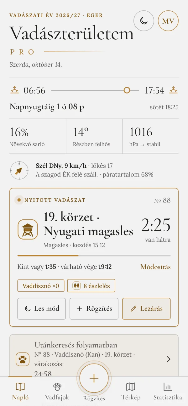 A Vadászterületem PRO kezdőoldala: napszak, időjárás, szélirány és nyitott vadászat